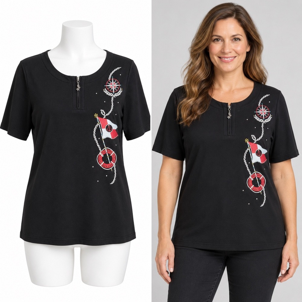 Quacker Factory Top Women M Black Nautical Embroidered Rhinestone Zip Neck Tee